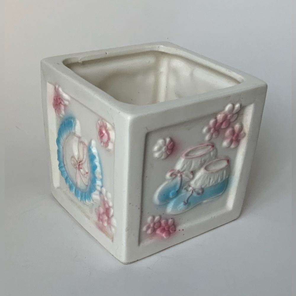 Vintage Ceramic Baby Booties Square Planter - White with Blue & Pink